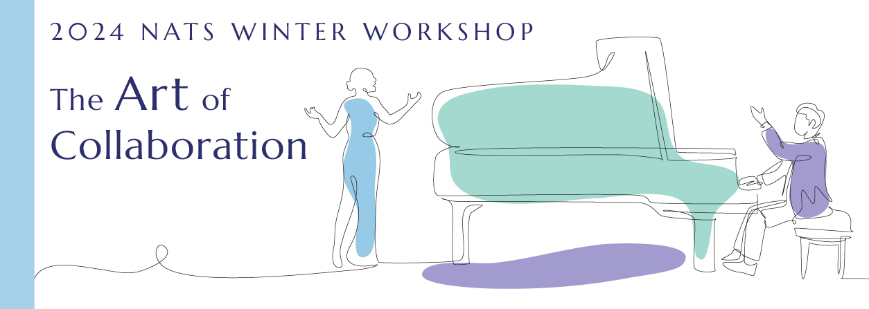 2024 Winter Workshop banner with continuous line drawing of person singing and one person playing piano