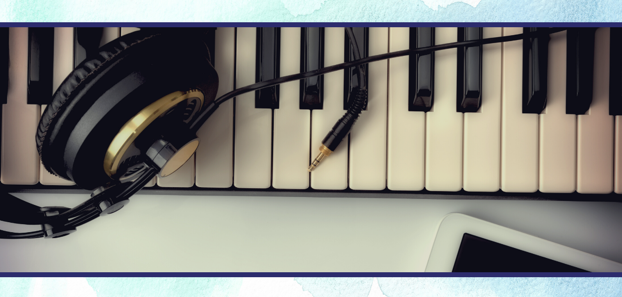 Mentoring Program for Composers Banner with keyboard and headphones