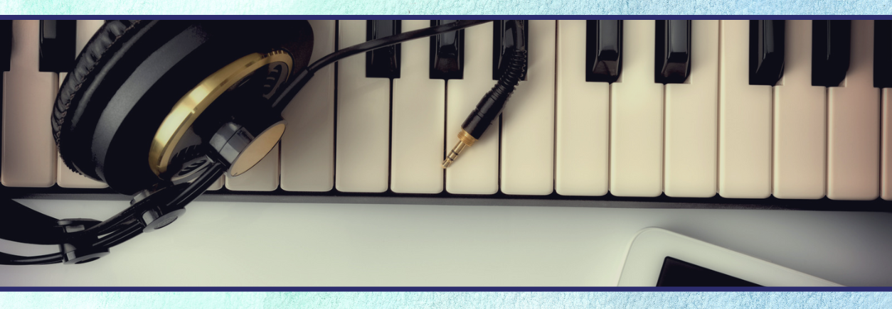 Mentoring Program for Composers banner with headphones, keyboard and tablet