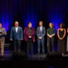 Emcee Seth Rudetsky prepares to announce the results. From left to right, Seth, Sebastian Plymette (student of Jeanie Darnell), Julian Gussman (student of Debra Lambert), Luke Weber (student of Shayna Isaacs), Adam Morrison (student of Kelly Holst), Brianna Reed (student of Lora Lee Gayer), and Berri Harris (student of Melissa Treinkman).