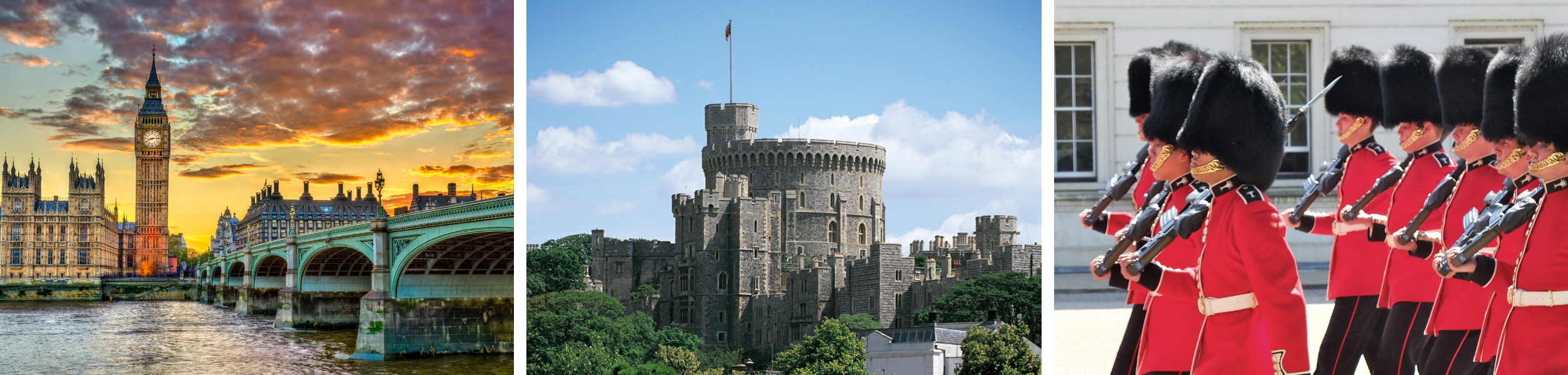 England Trip 2023 - banner with Big Ben, Windsor Castle, Royal Guard